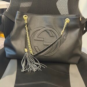 Black Leather Tote Bag with Gold Chain